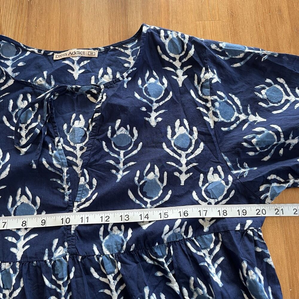 Dress Addict Women's Mini Dress Size Med Blue Batik Tiered Boho Puff Sleeve Chic - Picture 15 of 16
